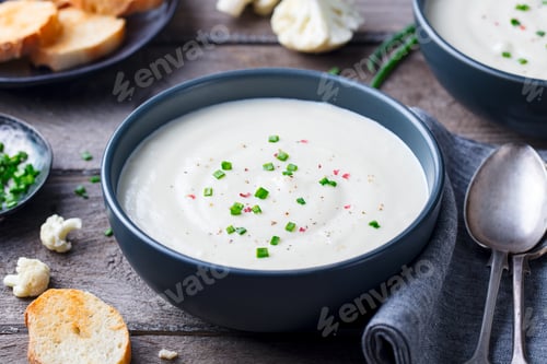Preview: Cauliflower and Potato Cream Soup with Green Onion in a Bowl on Grey Wooden Background.