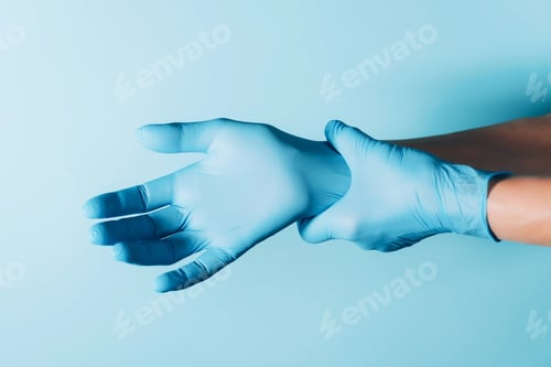 Preview: Doctor wears blue sterilized surgical gloves on blue background. Copy space. National Doctors'
