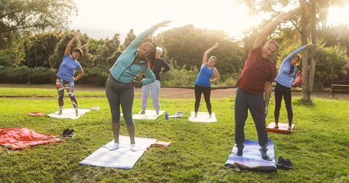 Preview: Multiracial senior people doing stretching workout exercises outdoor with city park in background