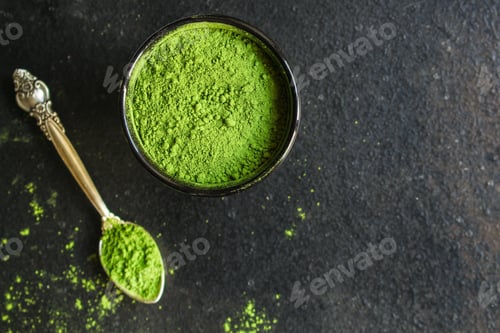 Preview: Matcha, Healthy Green Tea (Green Powder) Menu Concept. Food Background. Copy Space. Top View