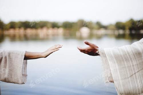 Preview: Biblical scene - of a female grabbing the hand of Jesus Chris with a blurred background