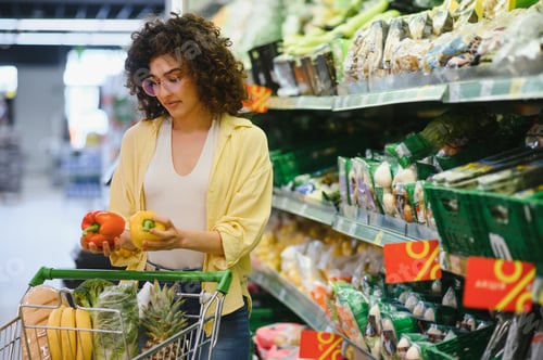 Preview: Customer choosing bell peppers in supermarket grocery store