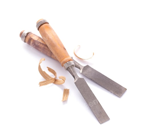 Preview: Woodworking carpenter chisel tool and wood shavings isolated on white background