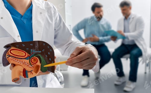 Preview: Gastroenterologist doctor showing gallbladder on anatomical model of liver with gallbladder for