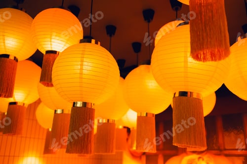 Preview: Red lanterns hanging in rows during chinese lunar new year