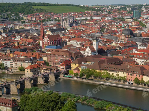Preview: Aerial view of the Main River with the Wurzburg cityscape, Germany.