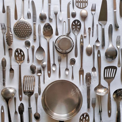 Preview: cooking utensils neatly arranged on white background