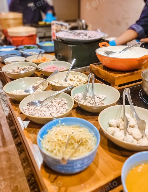 Preview: Breakfast buffet in a luxury hotel. Japanese corner with sushi and noodle soup