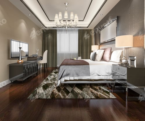Preview: 3d rendering beautiful luxury bedroom suite in hotel with tv