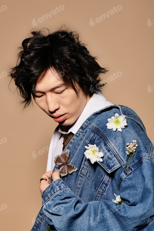Preview: Asian man showcases unique style in spring fashion studio setting