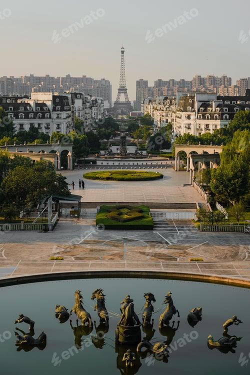Preview: Vertical aerial of the imitations of the Eiffel tower and the Apollo Fountain in Tianducheng, China