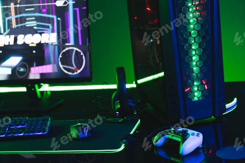 Preview: Composite of computer, keyboard with video game accessories with copy space on neon background