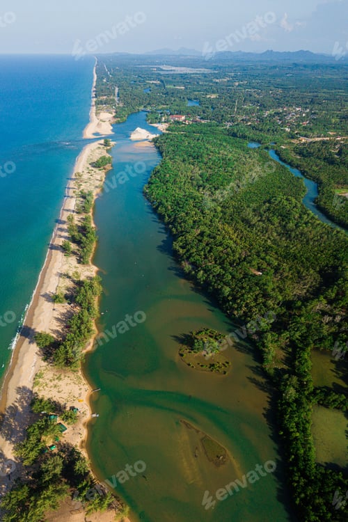 Preview: Aerial drone view of coastline scenery during daylight in Marang, Terengganu, Malaysia