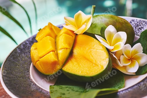 Preview: Fresh mango on a wooden tabel with tropical background. Soft focus.