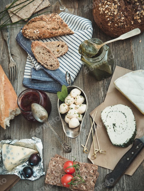 Preview: French snacks on a wooden table