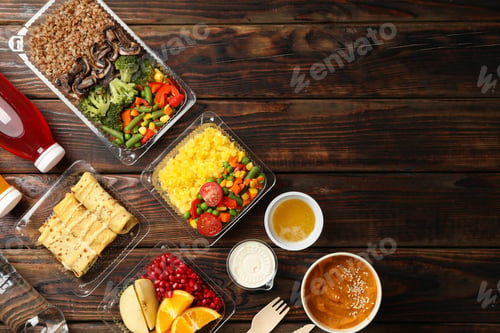 Preview: Food delivery. Food in takeaway boxes on wooden table