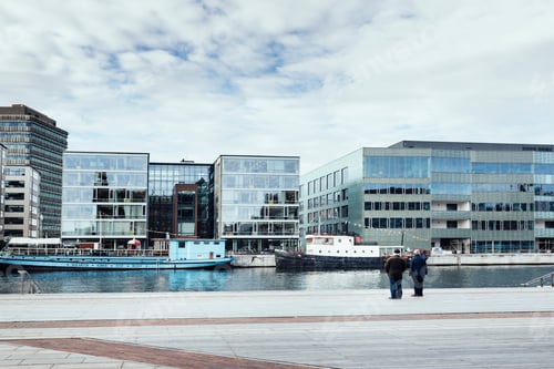 Preview: Pedestrians looking at ships in harbor