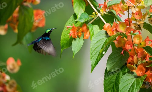 Preview: Closeup of a Palestine sunbird feeding on a red flower