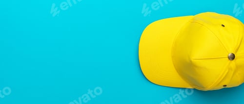 Preview: Top View Of Yellow Baseball Cap Over Blue Turquoise Background With Copy Space