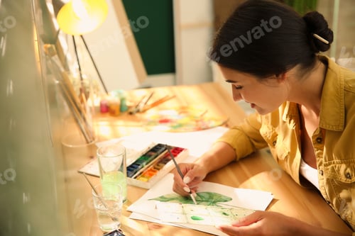 Preview: Woman Painting Botanical Watercolor Illustration at Home