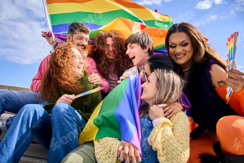 Preview: Group multi-ethnic excited people gathered to celebrate gay pride day street. Diverse joyful friends