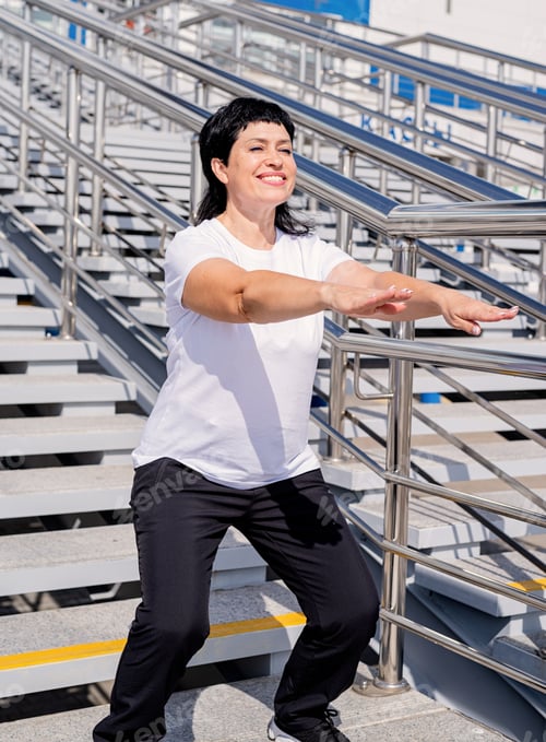 Preview: Smiling senior woman squatting outdoors on urban background