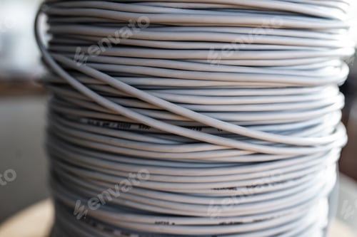 Preview: Giant skein of gray wires on a reel in manufacture