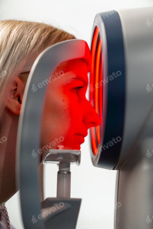 Preview: close-up in an ophthalmology clinic young girl diagnoses vision using a machine with a red light