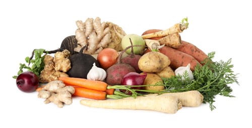 Preview: Many different root vegetables isolated on white