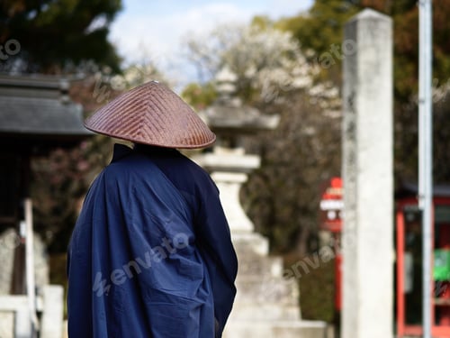 Preview: Back Of A Lone Monk In Fukuoka, Japan.