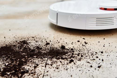 Preview: Robot vacuum cleaner cleans dirt on floor. Smart home concept