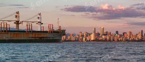 Preview: Ship in the Port with downtown city in background. Vancouver