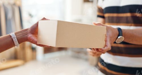 Preview: Box, hands and delivery with ecommerce and logistics, courier service with customer and supplier. P