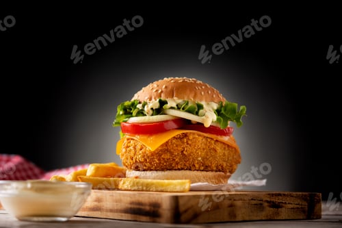 Preview: Crispy chicken burger with cheese and french fries