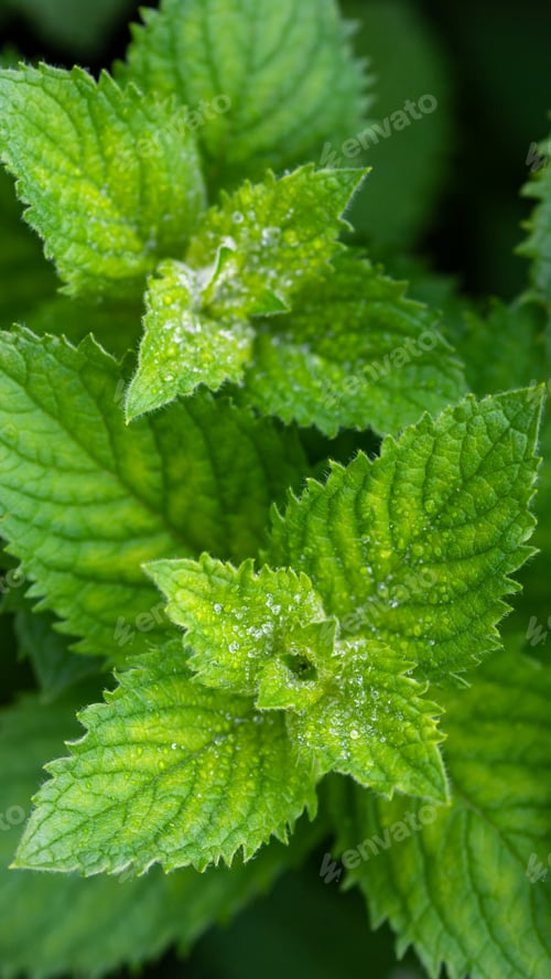 Preview: Green fragrant mint (Mentha suaveolens) in dew drops, top view