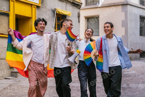 Preview: Group of friends celebrating pride on city street