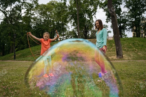 Preview: Girl with hearing aid making big soap bubble with special device.