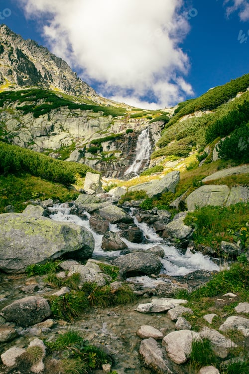 Preview: Panoramic view of Skok waterfall and the lake in the western part of High Tatras, Slovakia