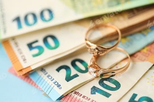 Preview: European union Euro money bills and coins with wedding rings on blue table