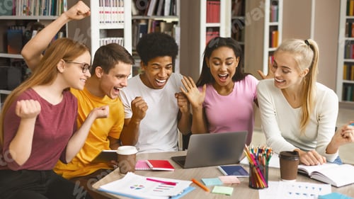 Preview: Group of young happy students enjoying test results in library