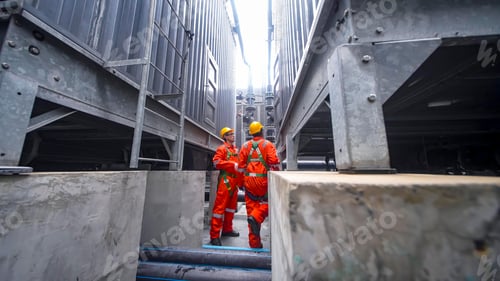 Preview: Construction workers discussing project details in an industrial area during the day
