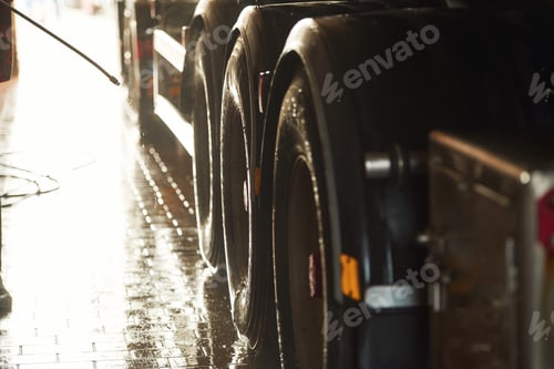 Preview: Man is washing the big vehicle indoors. Close up view