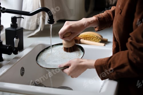 Preview: woman washes a plate in the kitchen using eco-friendly brushes