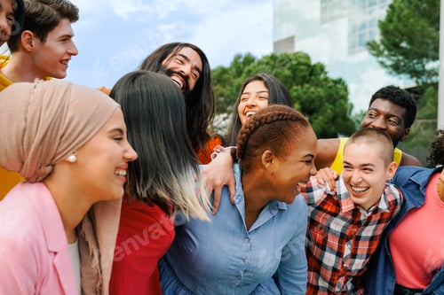 Preview: Multiethnic diverse group of people having fun outdoor in summer day- Diversity lifestyle concept