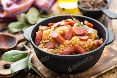 Preview: Cabbage braised with sausages, sauerkraut. German cuisine.