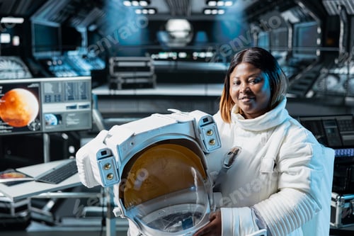 Preview: Portrait of smiling spaceship cosmonaut seeking extraterrestrial life on Mars