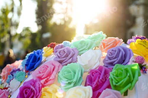 Preview: Artificial flowers of different colors close up at sunset