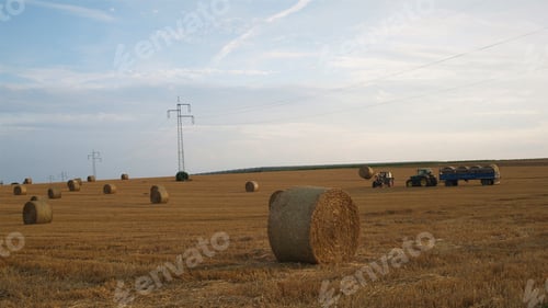 Preview: View of a field with round hay bales and electric towers