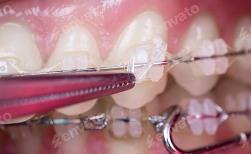 Preview: Dentist treating teeth with ceramic brackets, using mosquito at the dental office.