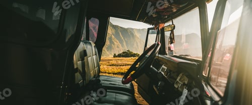Preview: View from the inside of the car in mountains in beams of sunlight